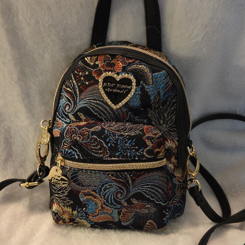 Betsey Johnson Black Floral Embroidered Mini Backpack